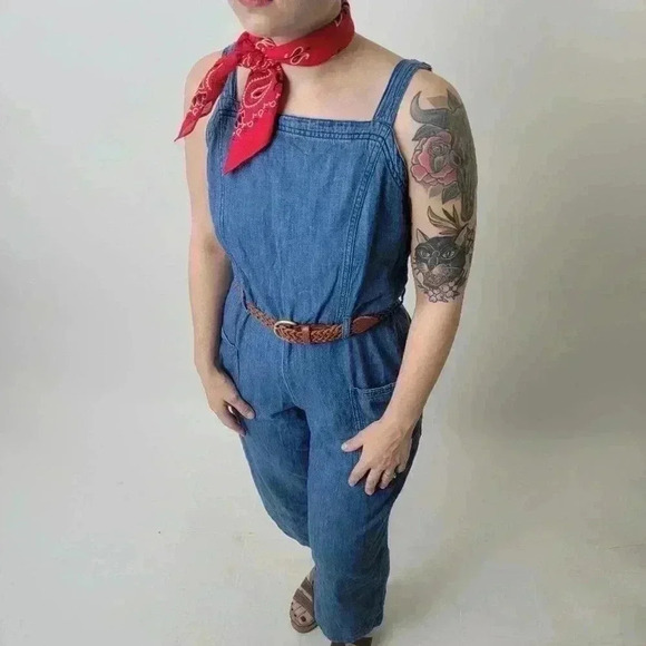 Wide Leg Denim Cropped Romper Jumpsuit - M - Picture 7 of 10